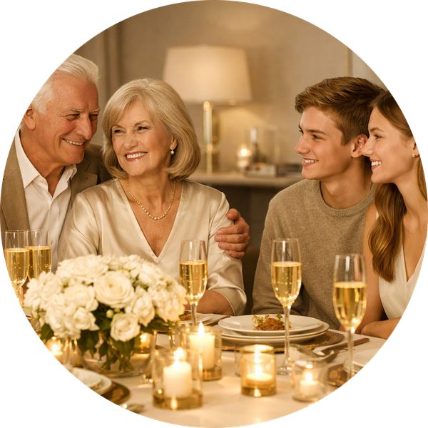 Großeltern, Eltern und ein Teenager lachen gemeinsam an einer festlich gedeckten Tafel.