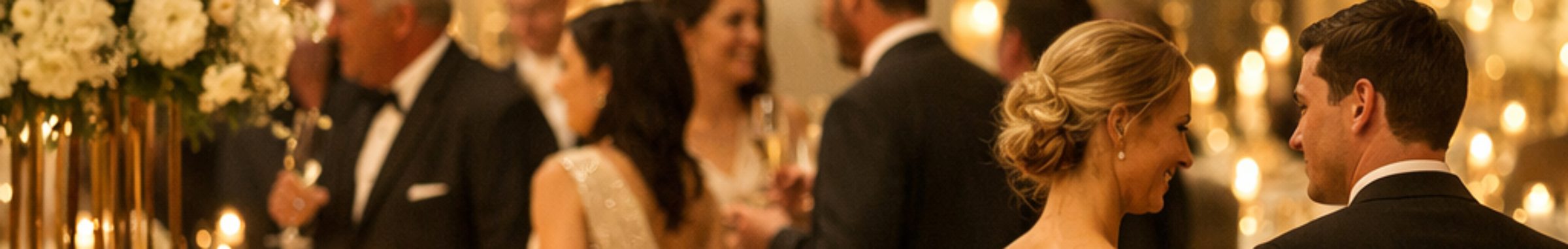 Festlich gekleidete Hochzeitsgäste stoßen im warmen Kerzenschein mit Sekt an.
